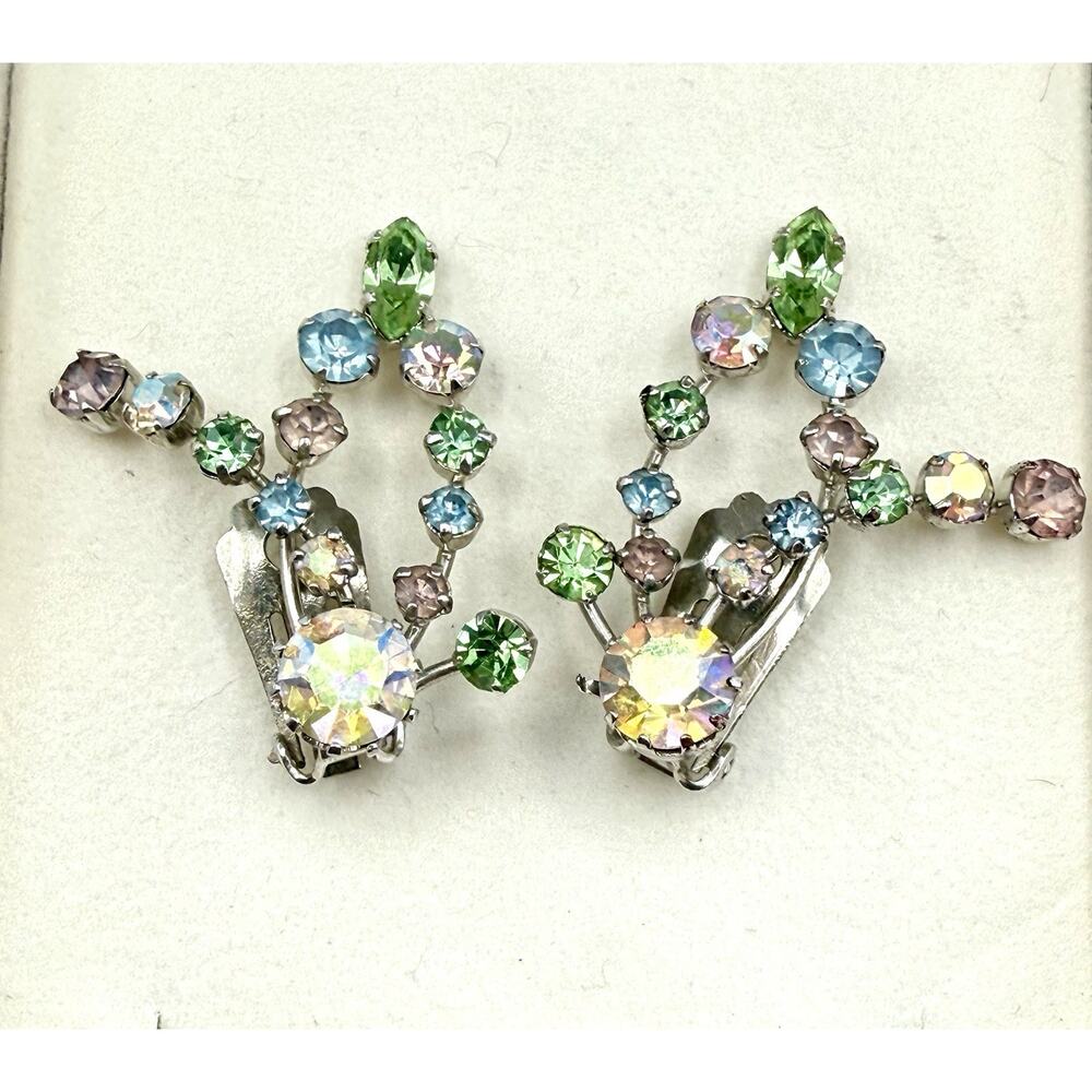 Vintage Austria Rhinestone Clip Earrings AB Pastel Green Blue
